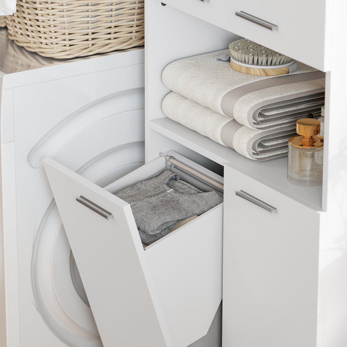 HOCHSCHRANK DE-08529 mit ausklappbarem Wäschekorb Weiß - Weiß, Holzwerkstoff (60/174/30cm) - ComfortXL