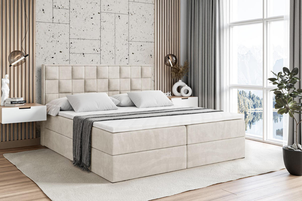 BOXBETT mit H4-Matratze und Lattenrost- ZAFIRA-BZ - 160x200 - Beige Samt - Beige, Holzwerkstoff (160/200cm) - ALTDECOR