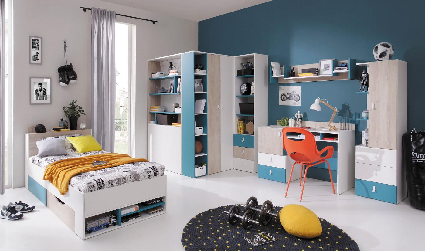 JUGENDZIMMER Space Set B mit Bett 90 x 200 - Weiß-Eiche-Türkis - Türkis/Eichefarben, Holzwerkstoff (135/190/135cm) - QMM TraumMöbel
