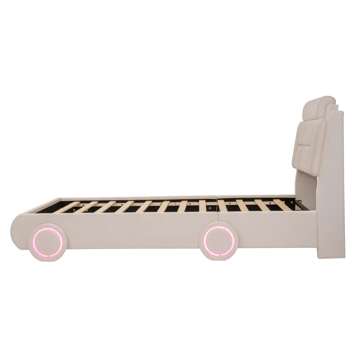 KINDER-POLSTERBETT aus Flanell 90x200 cm Beige im Auto-Design mit Lichtleisten - Beige, Textil (90/200cm) - Modfu