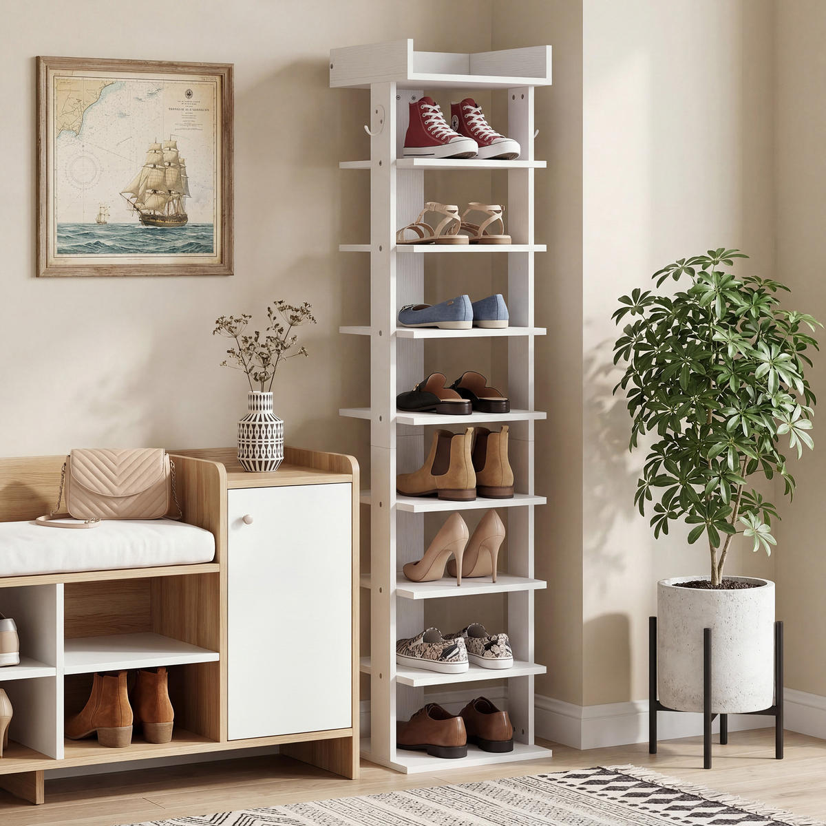 SCHUHREGAL Weiß Holz platzsparend mit 9 Ebenen 1 Stück - Weiß, Holzwerkstoff (30/128.4/30cm) - PANGIVO