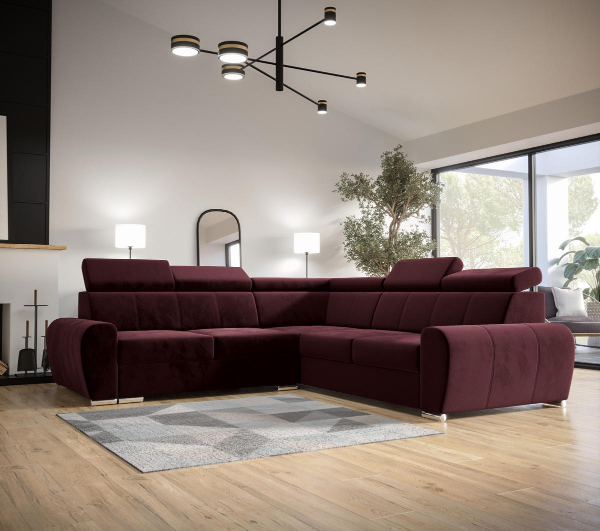 ECKSOFA APOLLO,mit Schlaffunktion und Bettkasten, Farbe: Rot, Velourstoff, Ottomane Rechts - Rot, Textil (255/255cm) - O-Sofa