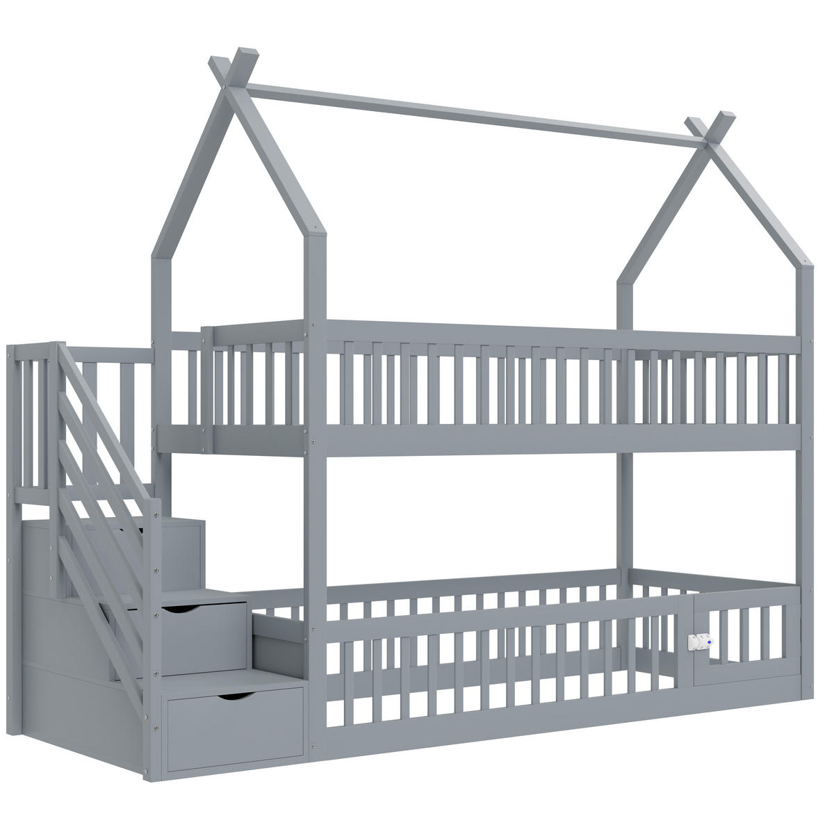 ETAGENBETT 90/200 cm grau aus massivem Kiefernholz mit Dach und Sicherheitstreppe - Grau, Holz (90/200cm) - OKWISH