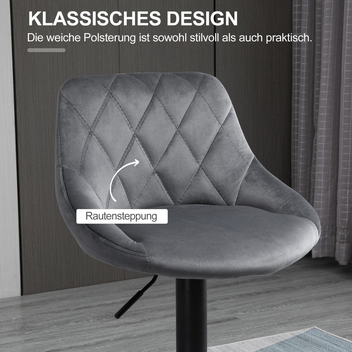 BARHOCKER 2er Set Höhenverstellbar Drehbar Barstühle mit Samtoptik, Dunkelgrau - Dunkelgrau/Schwarz, Textil/Metall (46/104/48cm) - HOMCOM