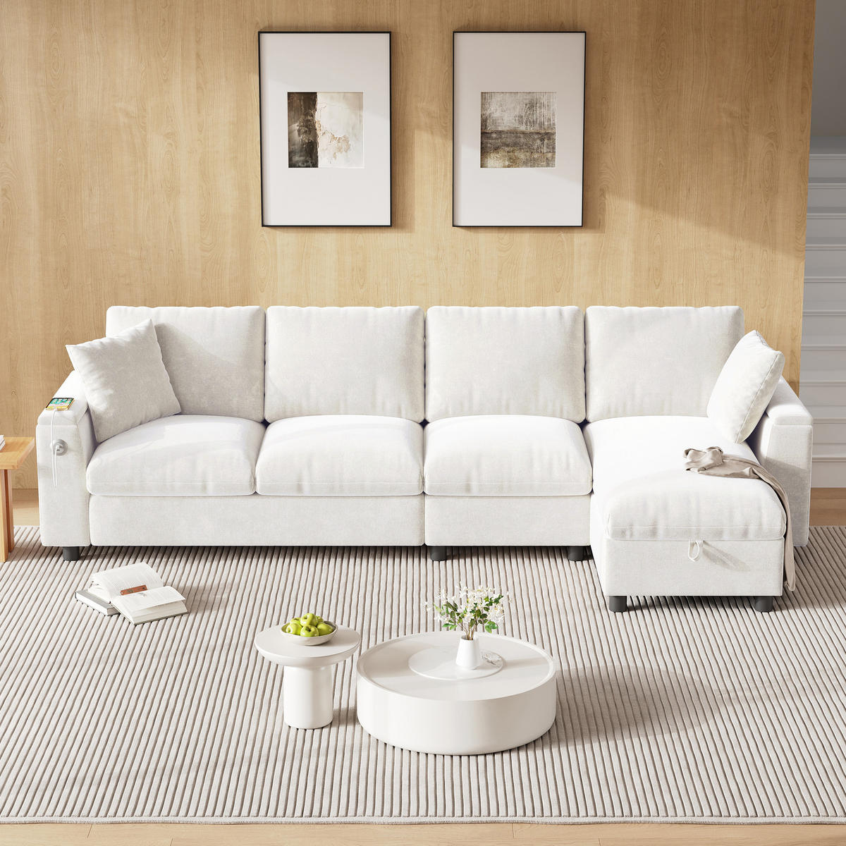 SOFA Beige L-Form Chenille Stauraum USB ausziehbar Tisch - Beige, Textil (137/84/280cm) - FLIEKS