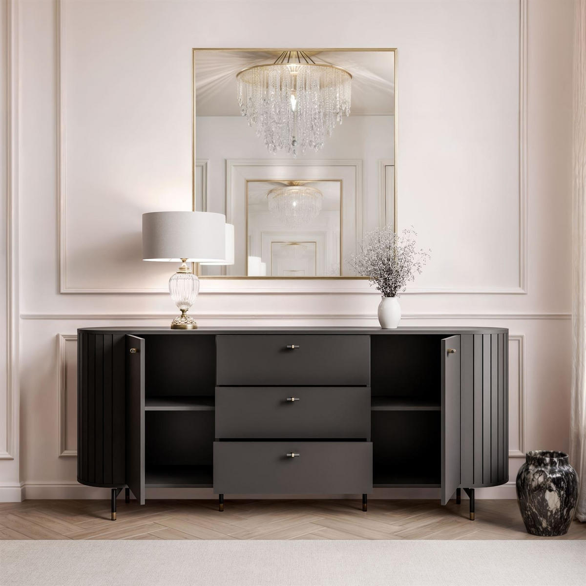KOMMODE ELODIE 190 2T3S Schwarz - Schwarz, Holzwerkstoff (190/81/40cm) - Lookway