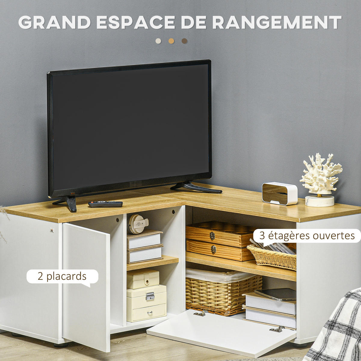 ECK-TV-LOWBOARD Hellbraun/Weiß 90/90/45 cm, Eckdesign, 2 Türen, 3 offene Fächer - Weiß, Holzwerkstoff (90/45/90cm) - PANGIVO