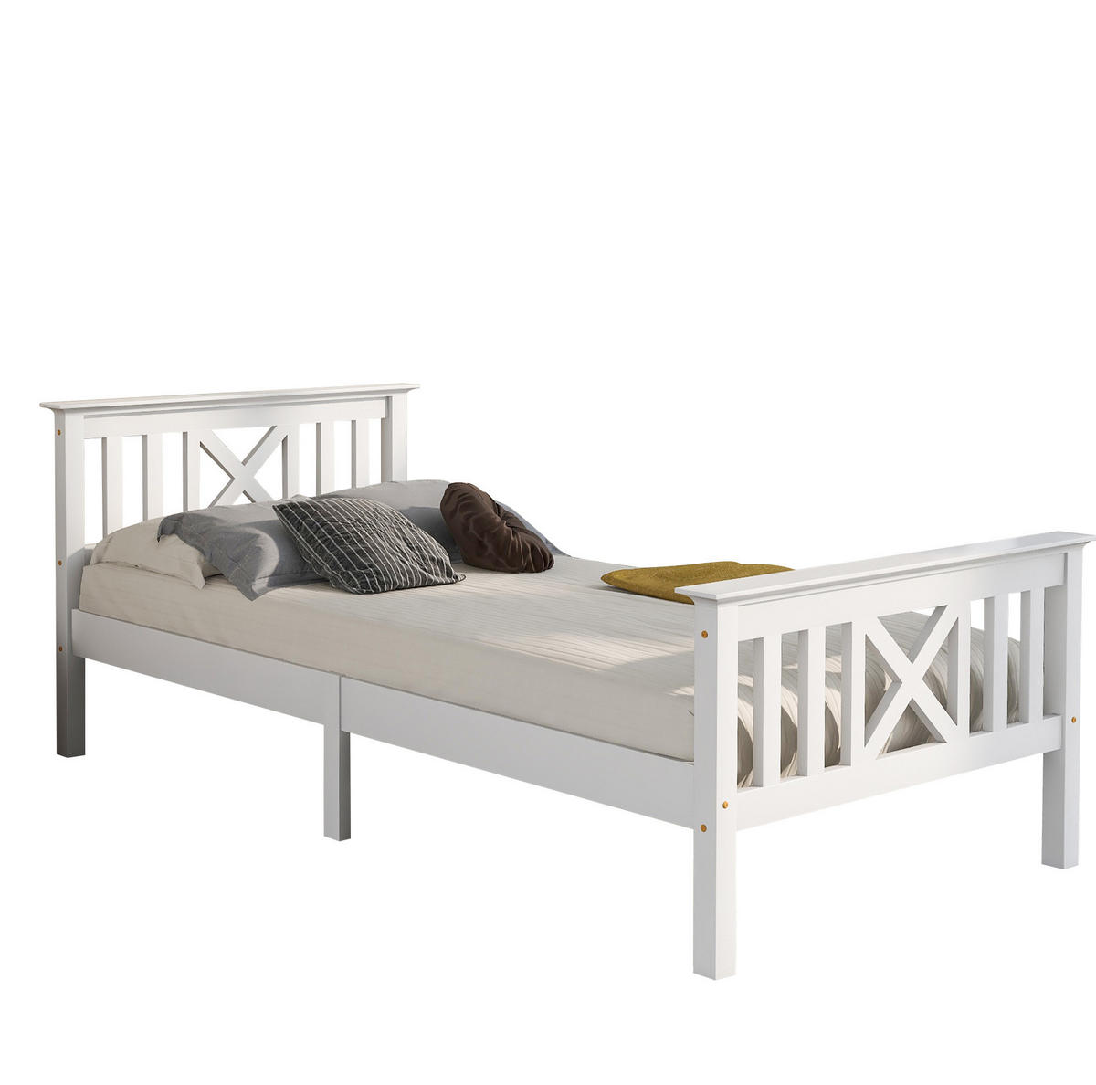 JEDNOLŮŽKO 90/200 cm bílé z masivního dřeva s X čelem a roštem - bílá, dřevo (90/200cm) - OKWISH