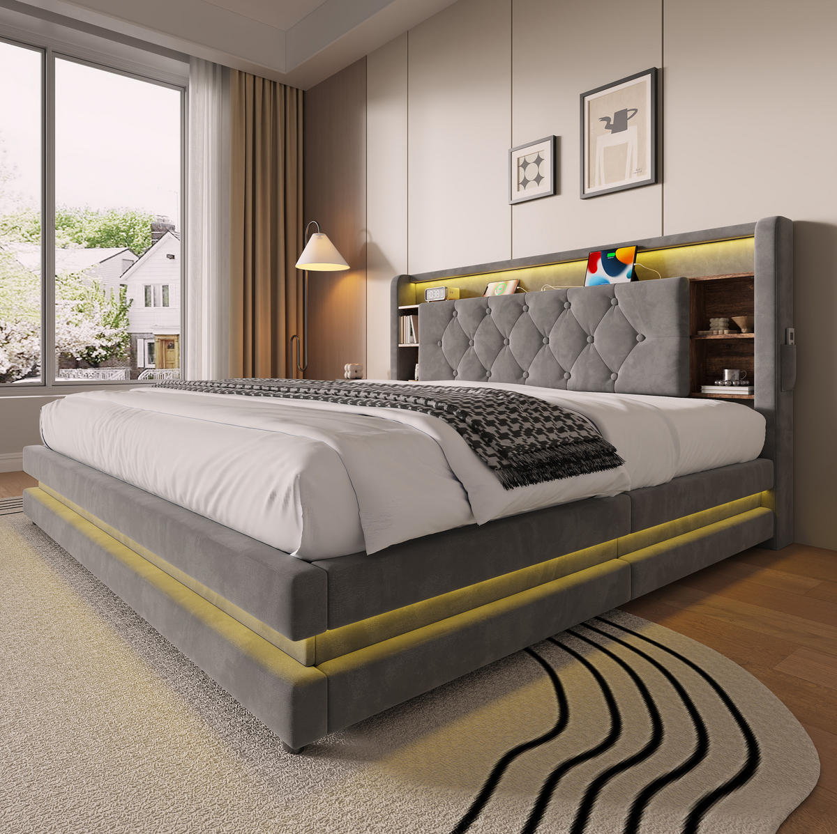 POLSTERBETT aus Samt 160x200 cm Dunkelgrau mit LED-Beleuchtung, USB-C, Bettkasten und Lattenrost - Dunkelgrau, Textil (160/200cm) - Modfu