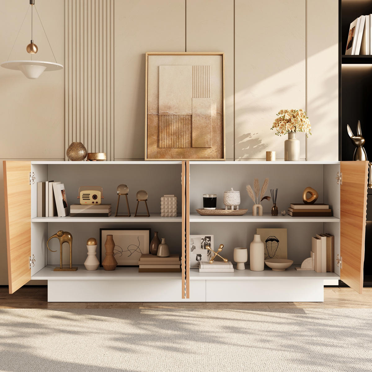 SIDEBOARD geometrische Rillen 4 Türen Stauraum modern - Weiß, Holzwerkstoff (40.5/72/160cm) - FLIEKS