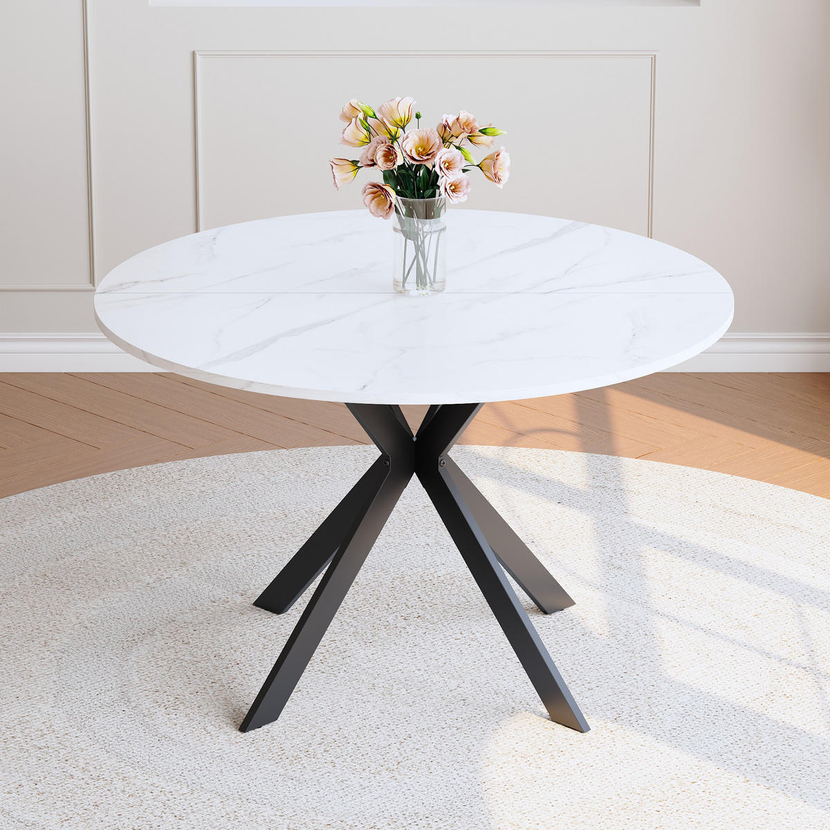 ESSTISCH runder Weiß mit schwarzem X-förmigem Gestell 110/110/75 cm - Weiß, Holz (110/110/76cm) - Oxeza