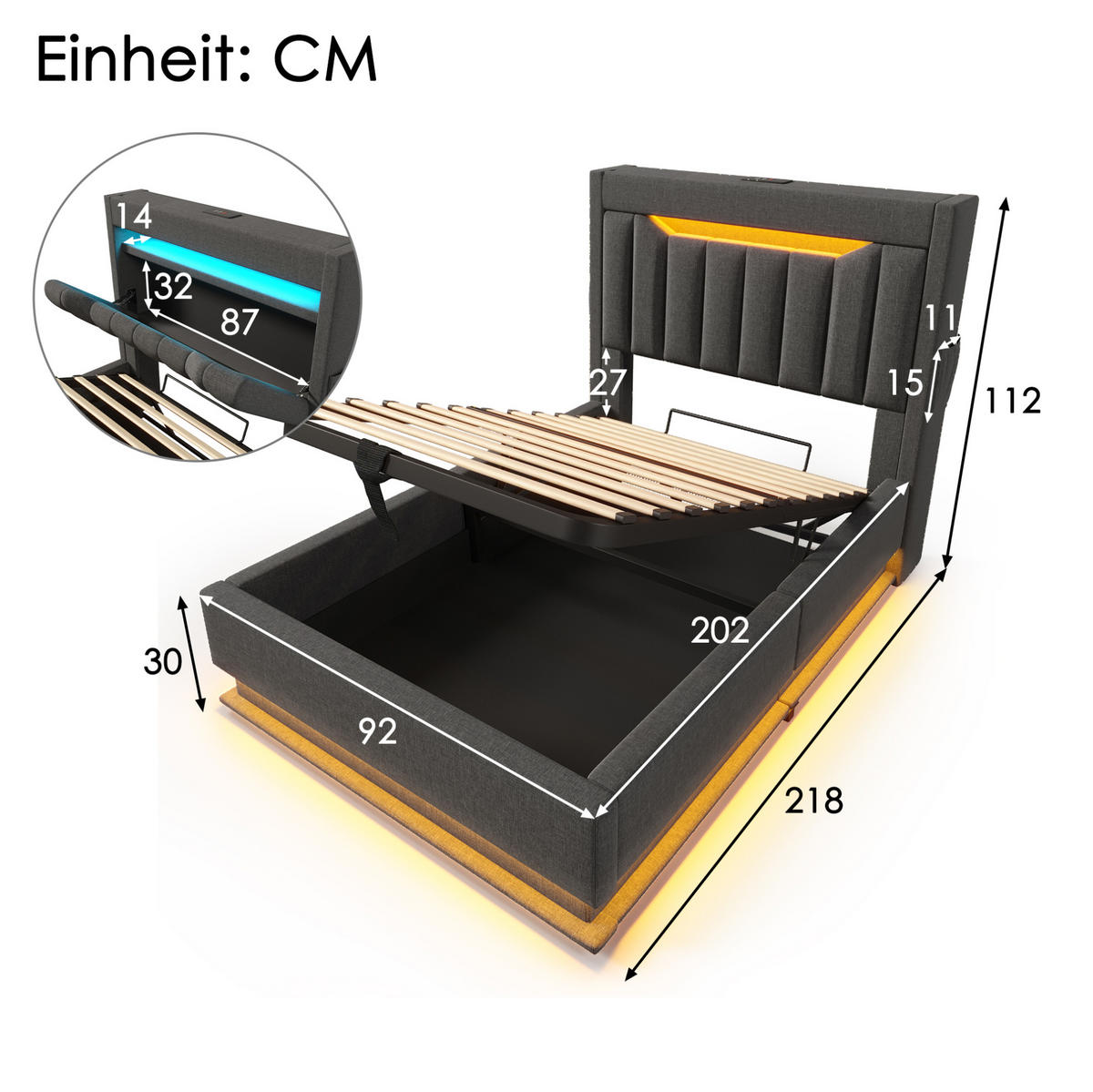 POLSTERBETT 90/200 cm Grau aus Leinen mit Matratze und LED-Beleuchtung - Grau, Textil (90/200cm) - OKMYHOME