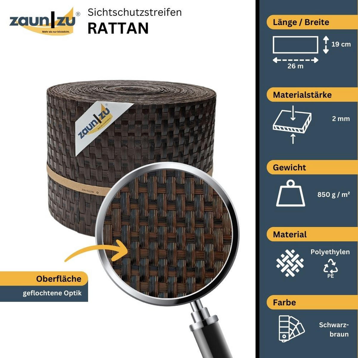 SICHTSCHUTZSTREIFEN Rattan PE für Doppelstabmatten Schwarzbraun 26m - Schwarz, Kunststoff (2600/19cm) - ZAUN|ZU