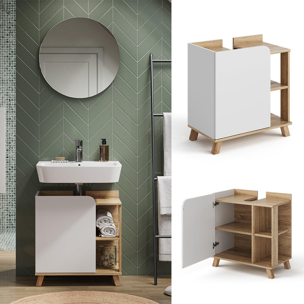WASCHBECKENUNTERSCHRANK Karen Sonoma/Weiß 60 x 65 cm mit Tür und offenen Fächern - Weiß/Sonoma Eiche, Holzwerkstoff (60/65/35cm) - Vicco