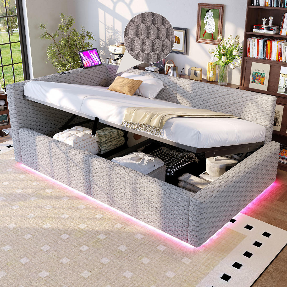 POLSTERBETT 90/200 cm in Grau Samt mit Bettkasten, LED, USB und Type-C - Grau, Holzwerkstoff/Textil (90/200cm) - STILVORA