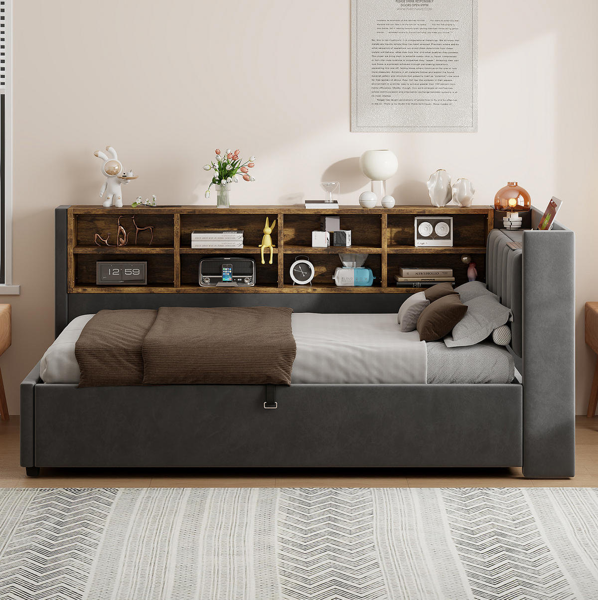 POLSTERBETT 90/200 cm mit hydraulischem Stauraum, Nachtlicht, USB- und USB-C-Anschluss sowie Seitenfächern, Grau - Dunkelgrau, Textil (90/200cm) - Redom