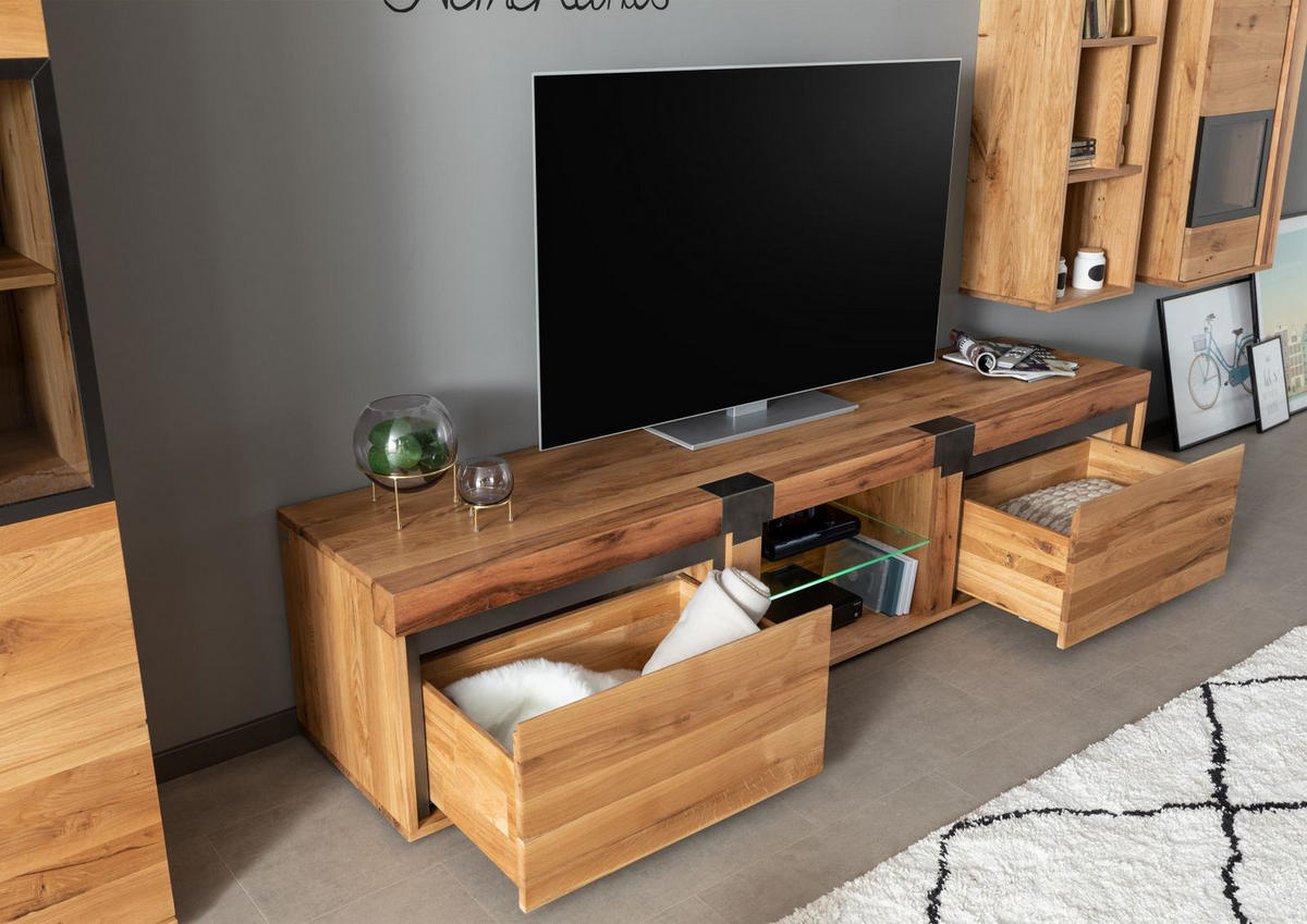 TV-BOARD Wildeiche / Zerreiche 220x48x50 natur geölt NEW AMSTERDAM #03 - Naturfarben, Holz (220/50/48cm) - Massivmoebel24