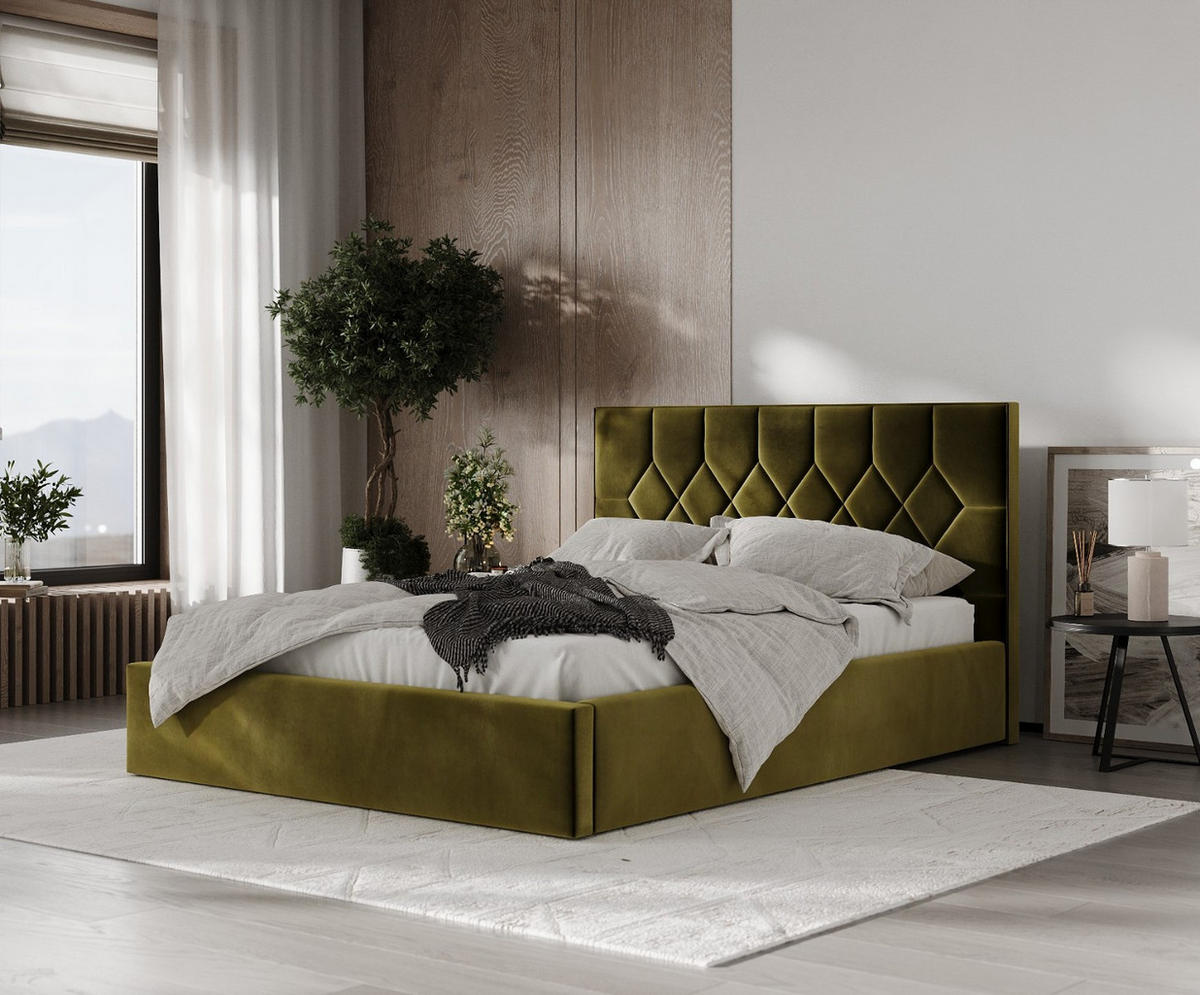 POLSTERBETT Brisa 140/200 cm Olivgrün im Kronos Stoff - Schwarz/Naturfarben, Holz/Holzwerkstoff (140/200cm) - AltaBeds