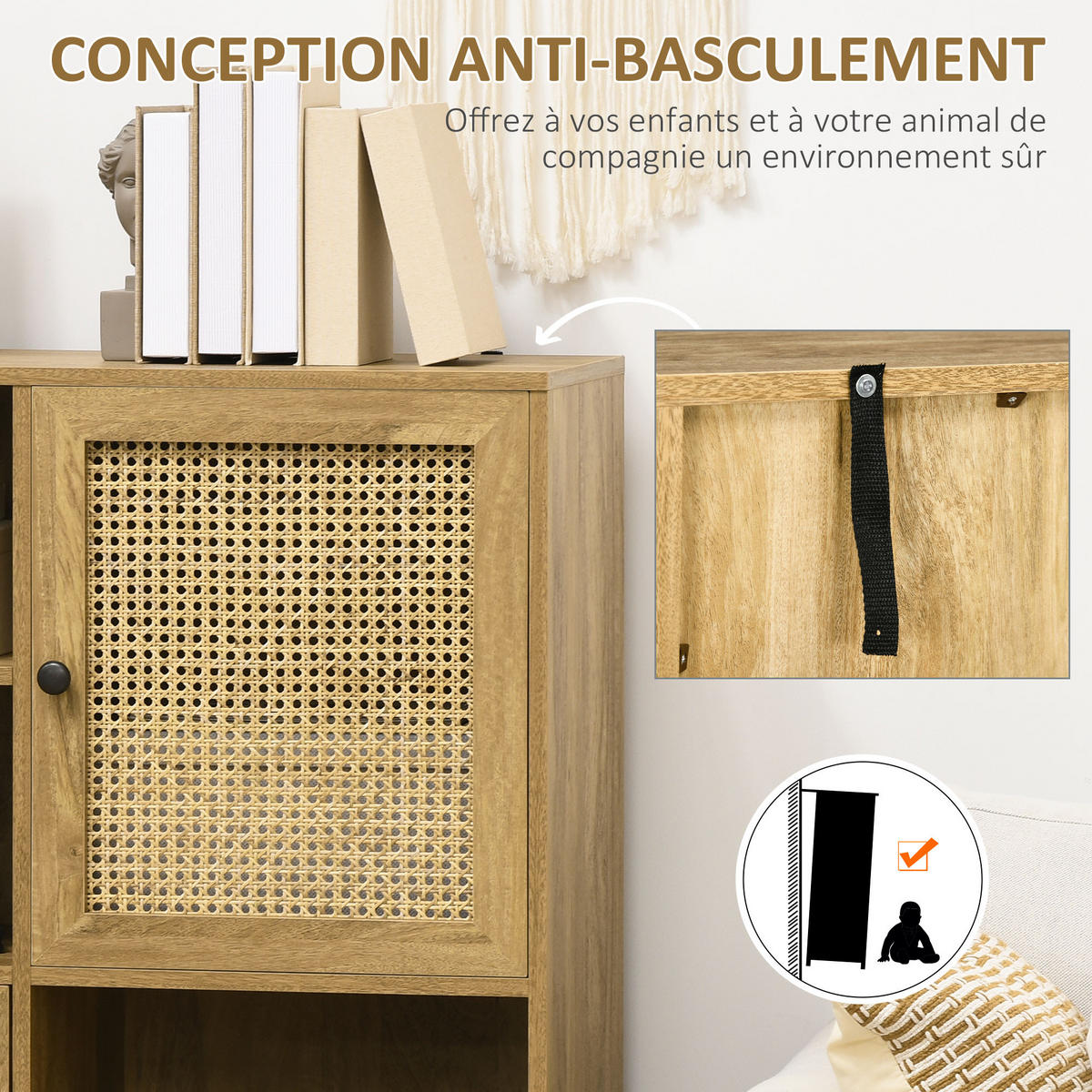 SIDEBOARD DE-11038 2 Türen mit Korbgeflecht & offene Fächer Natur - Eichefarben, Holzwerkstoff (90/120/32.5cm) - ComfortXL