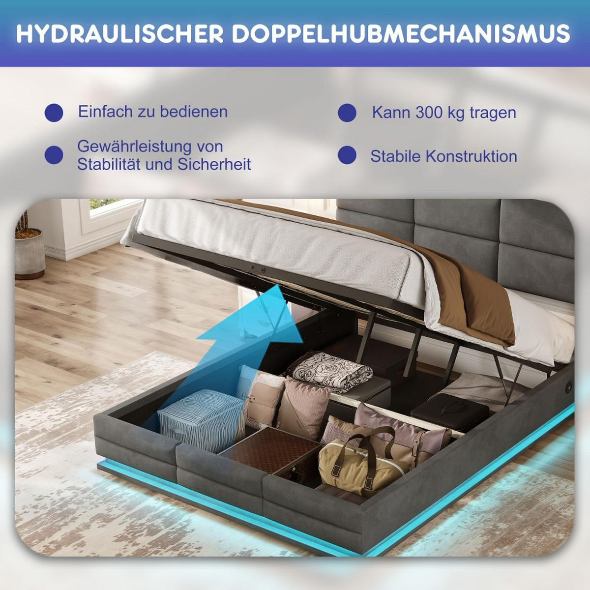 BOXBETT 140/200 mit Bettkasten, LED, USB/Typ C-Ladeanschluss,Samt,Grau - Grau, Holz (140/200cm) - LVHOM