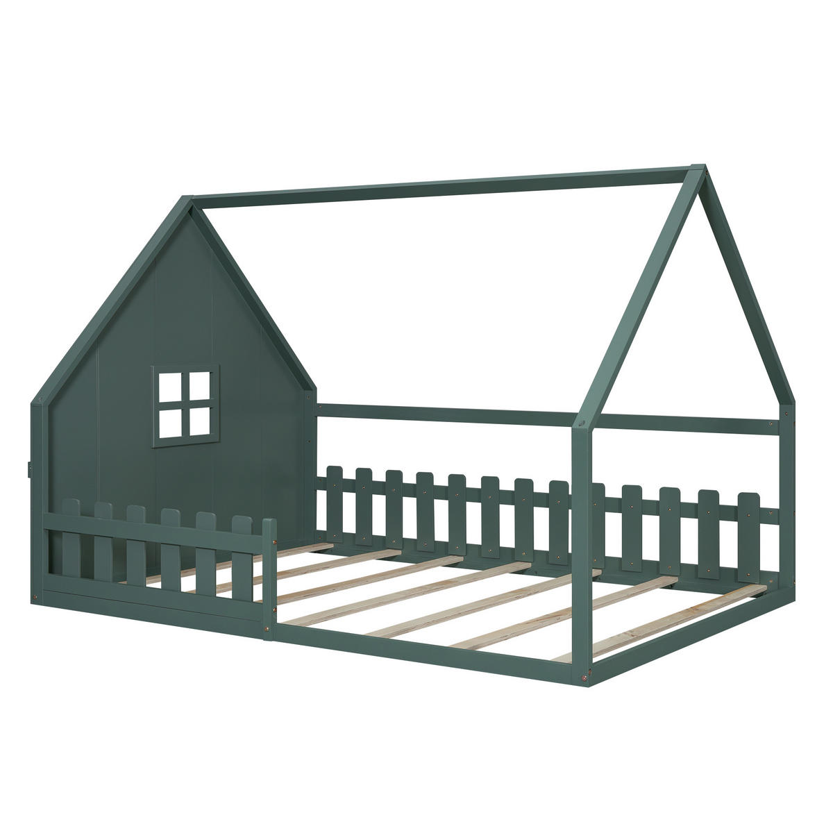 FLACHBETT 140x200cm Grün Kiefer Kinderbett Hausleiste Geländer - Grün, Holz (140/200cm) - FLIEKS