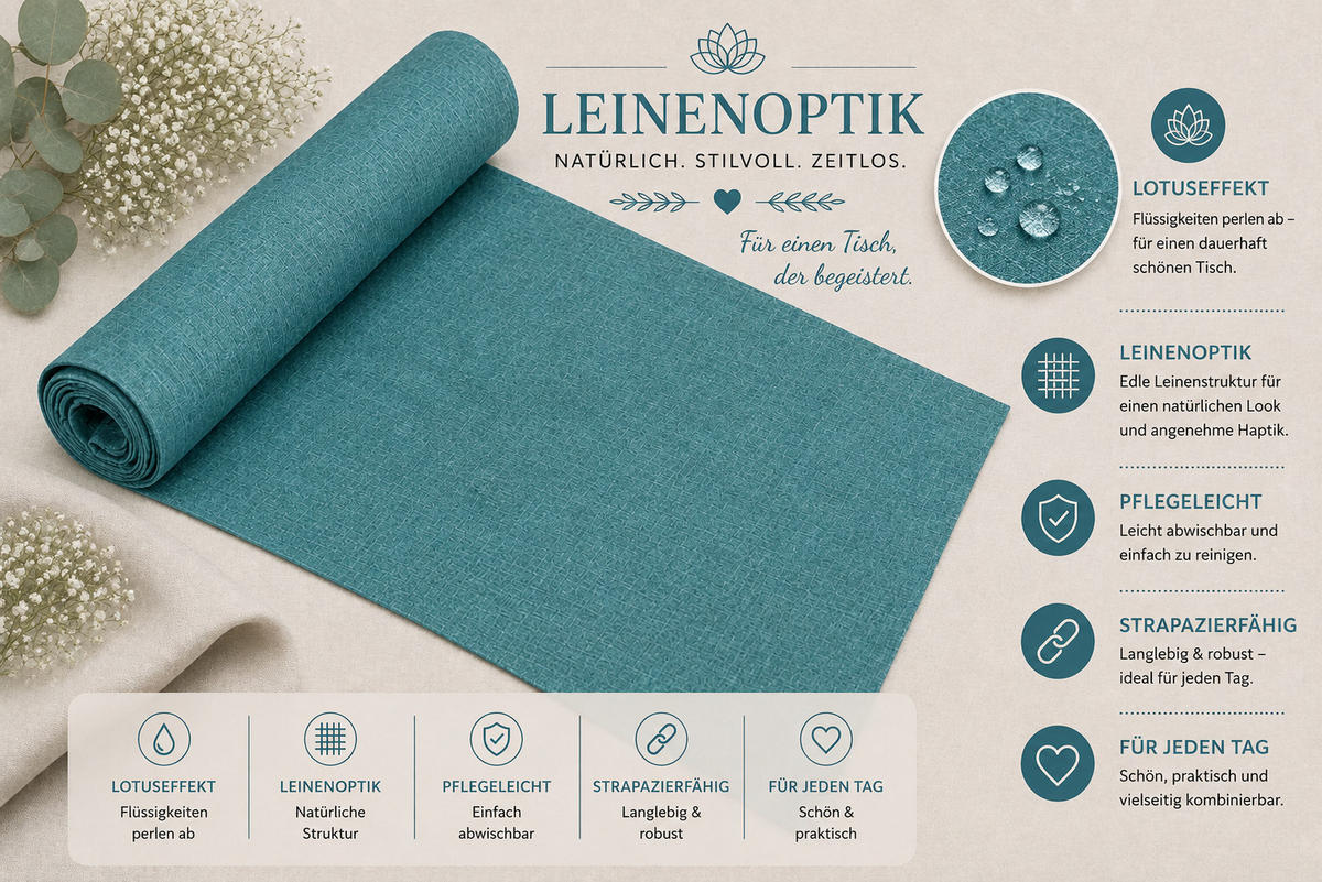 TISCHLÄUFER 40/100 cm Petrol Leinenoptik - Petrol, Textil (40/100cm) - TiborTex