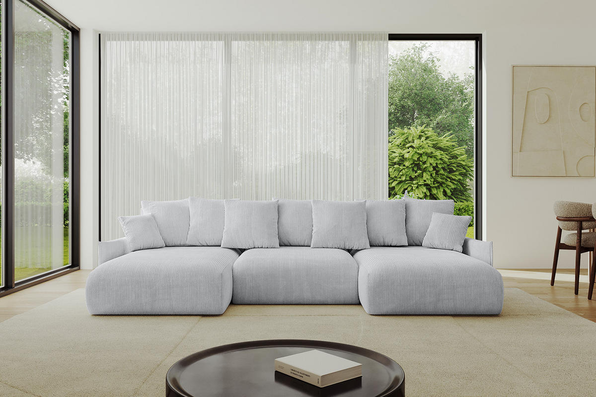 WOHNLANDSCHAFT mit Schlaffunktion und Bettkasten ONESK-U-v1 304x165x40 Grau Cord - Grau, Holzwerkstoff/Kunststoff (304/90/165cm) - ALTDECOR