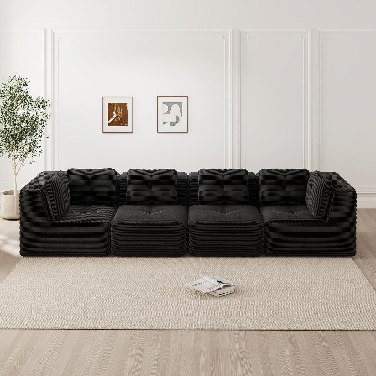 4-SITZER SOFA Cord Cord Schwarz rutschfest und ohne Aufbau - Schwarz, Textil (386/69/104cm) - WISHDOR
