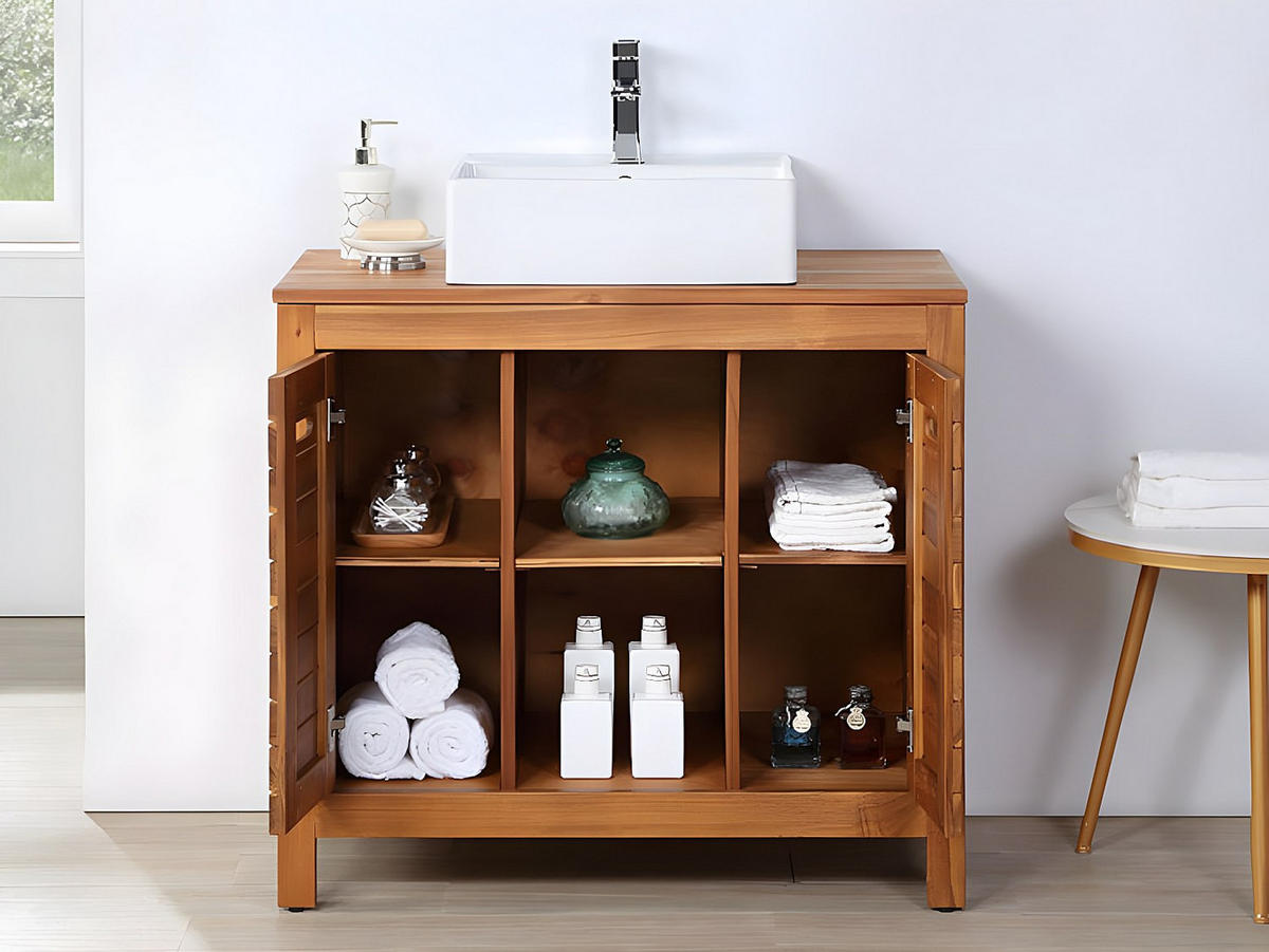 EINZELWASCHTISCH - 90 cm x 50 cm - Keramik, Holz, Platte - Naturfarben Dunkel - PULUKAN - Naturfarben, Keramik/Holz (90/83/50cm) - Vente-Unique