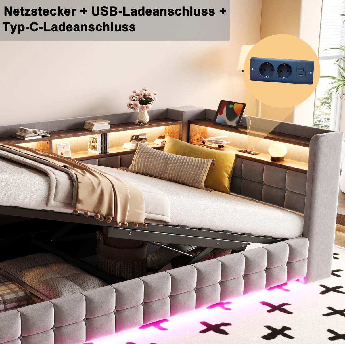 ČALOUNĚNÁ postel 90/200 cm s hydraulickým úložným prostorem, LED osvětlením, USB, Type-C a policemi, Světle šedá - světle šedá, textil (90/200cm) - Redom