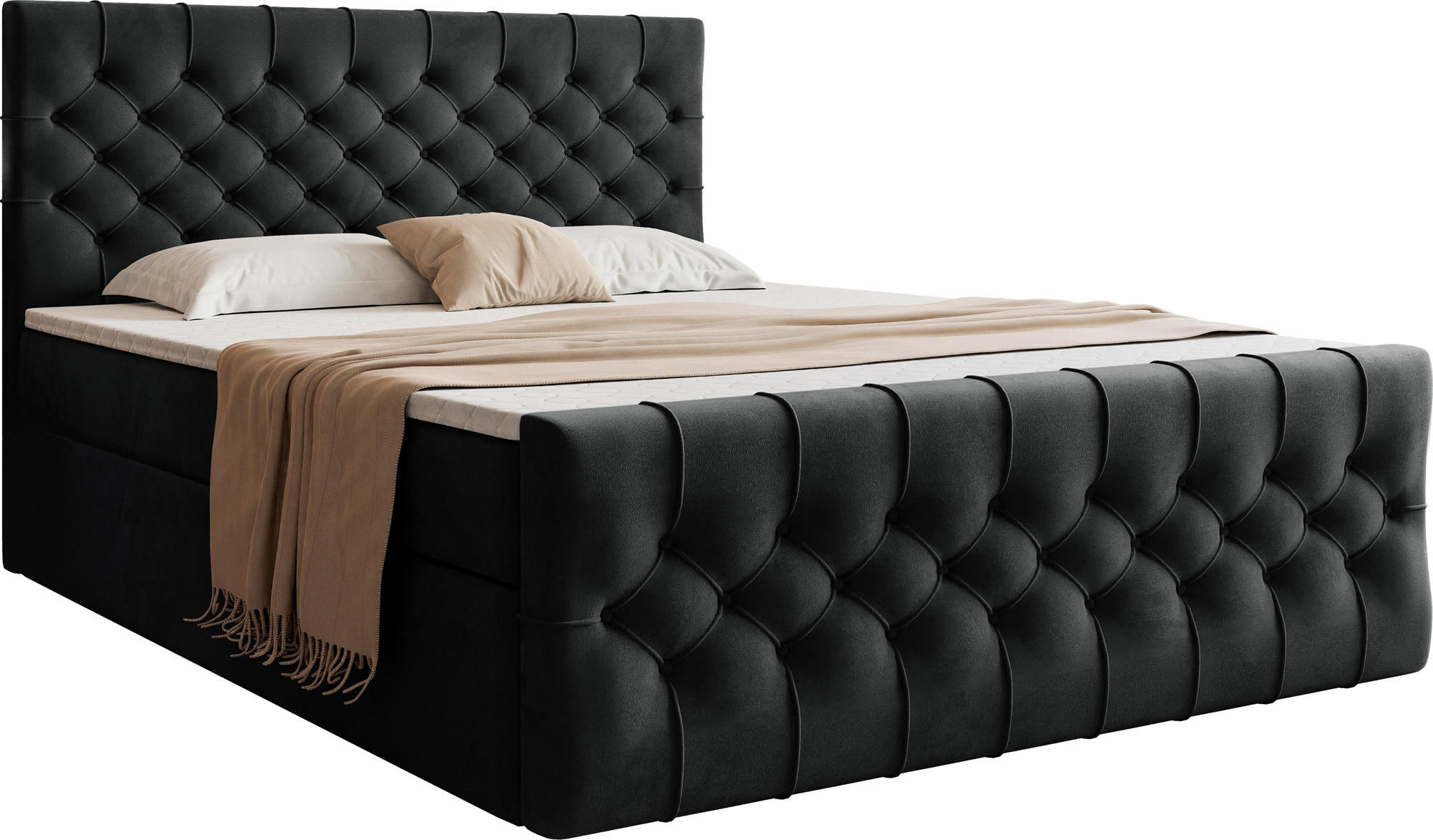 BOXSPRINGBETT Aurora mit Bettkasten, Schwarz Samt 160x200 cm – inkl. H3 Matratze und Topper - Schwarz, Holzwerkstoff/Kunststoff (160/200cm) - WFL GROUP