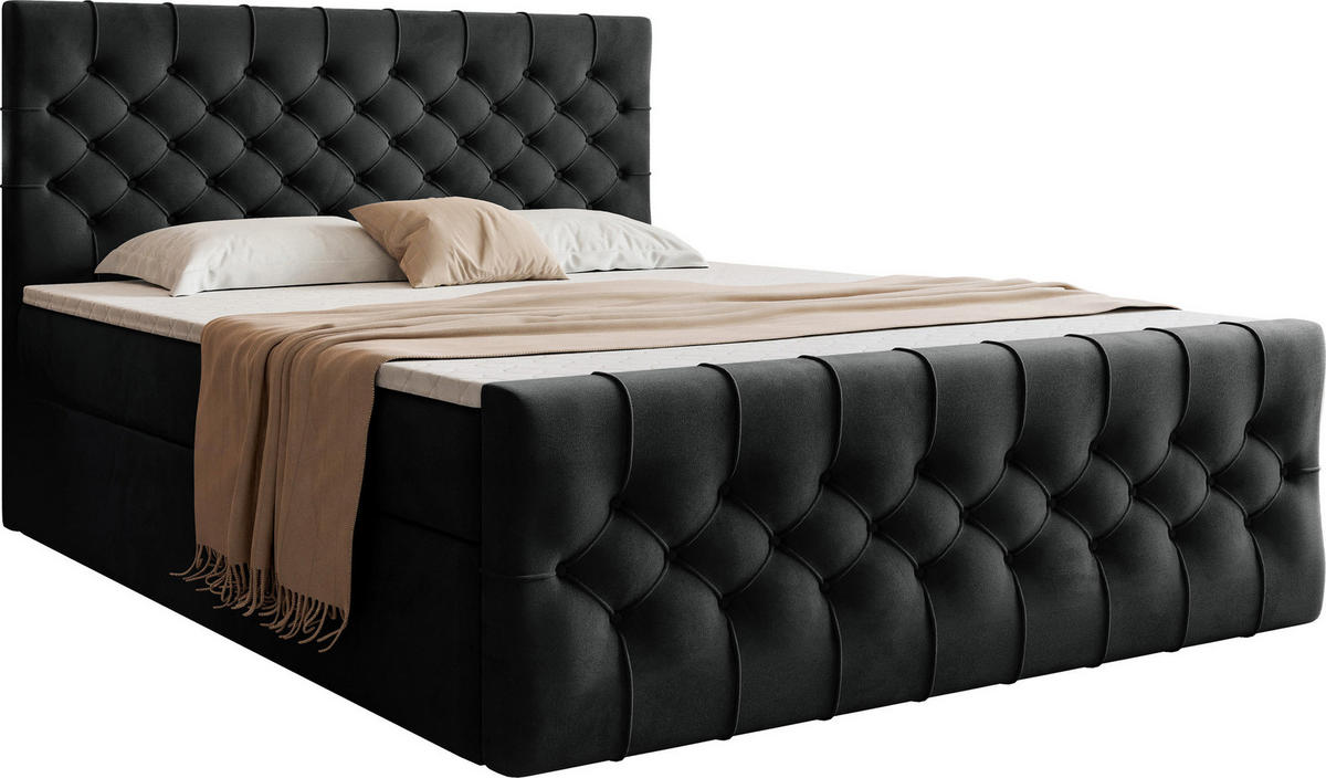 BOXSPRINGBETT Aurora mit Bettkasten, Schwarz Samt 160x200 cm – inkl. H3 Matratze und Topper - Schwarz, Holzwerkstoff/Kunststoff (160/200cm) - WFL GROUP