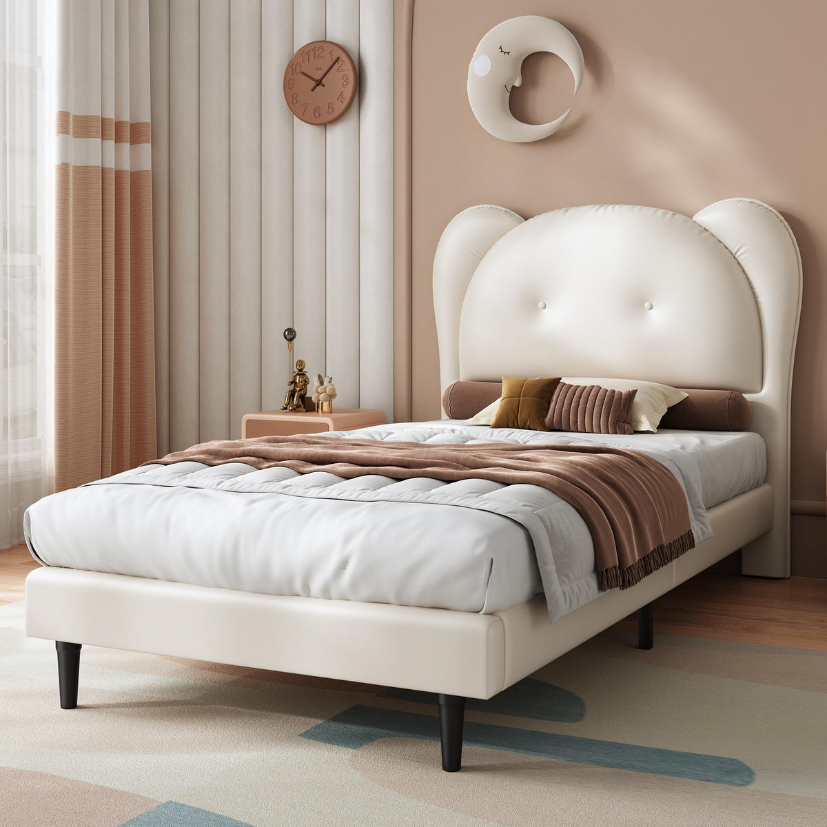 POLSTERBETT 90/200 cm Beige mit niedlichem Kopfteil in Tierform aus PU - Beige, Kunststoff (90/200cm) - OKWISH