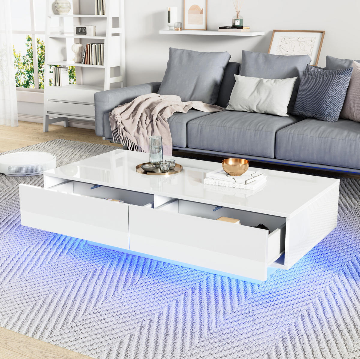 KLUBSKA miza 115/55/34 cm z 2 predaloma in LED osvetlitvijo, visoki sijaj, Bela - bela, leseni material (115/55/34cm) - Redom