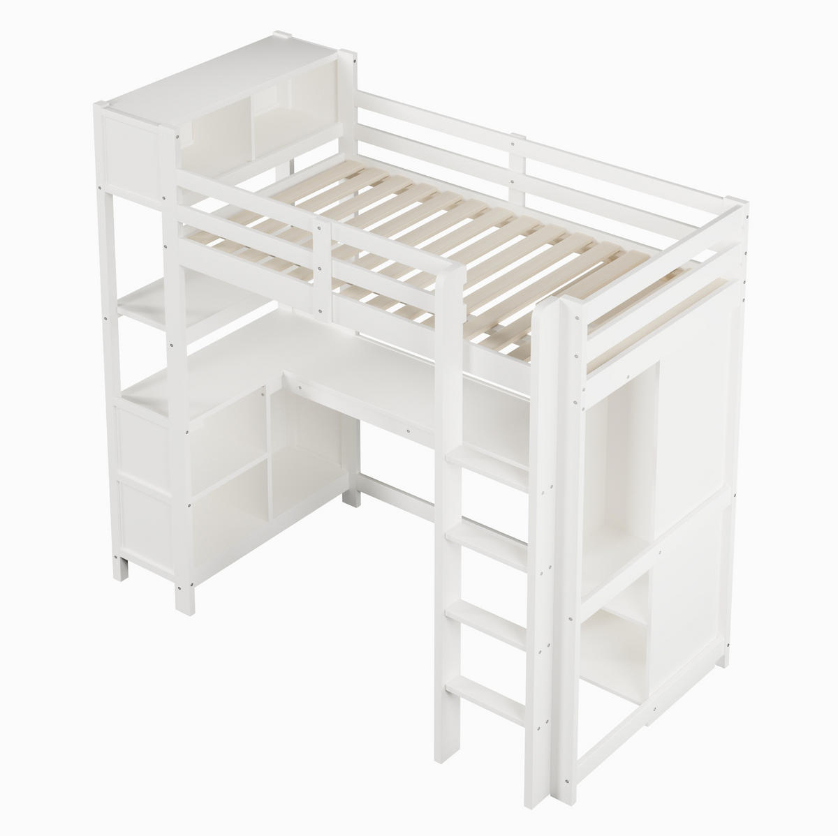VYSOKÁ posteľ 90/200 cm biela/prírodná z borovice a MDF s písacím stolom policami a šatníkom - biela, kompozitné drevo (90/200cm) - OKWISH