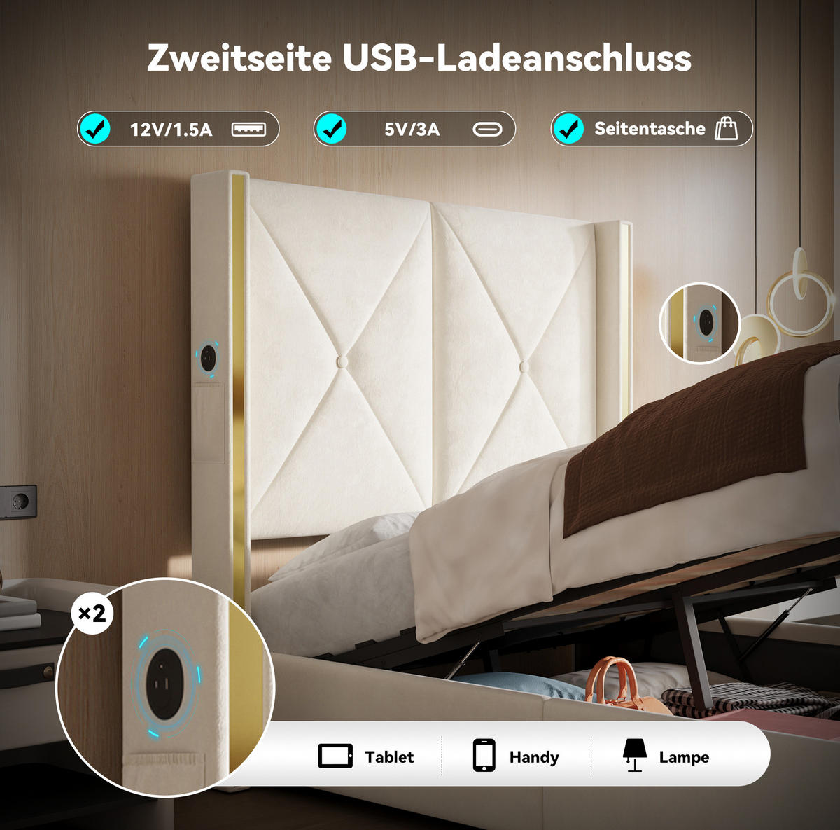 POLSTERBETT 90/200 cm mit USB, Type-C, LED und hydraulischem Bettkasten, Samt mit Seitentaschen, Beige - Beige, Textil (90/200cm) - Redom