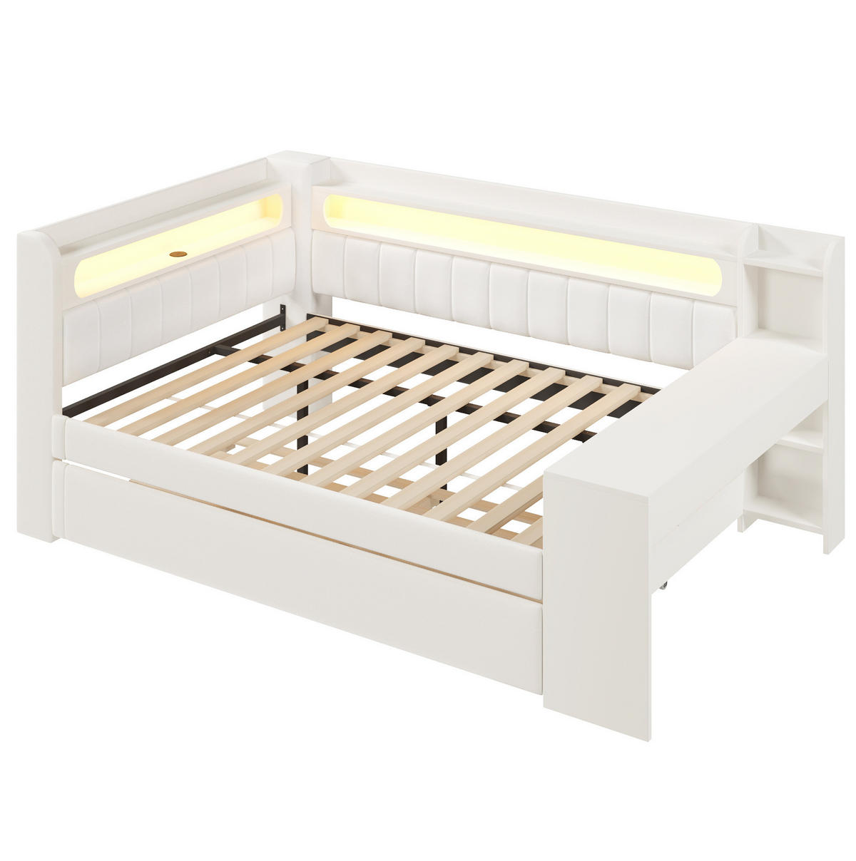 KREVET 140/200 cm s LED osvjetljenjem, USB priključkom, izvlačnim krevetom i radnim stolom, Bijela - bijela, drvni materijal (140/200cm) - Redom