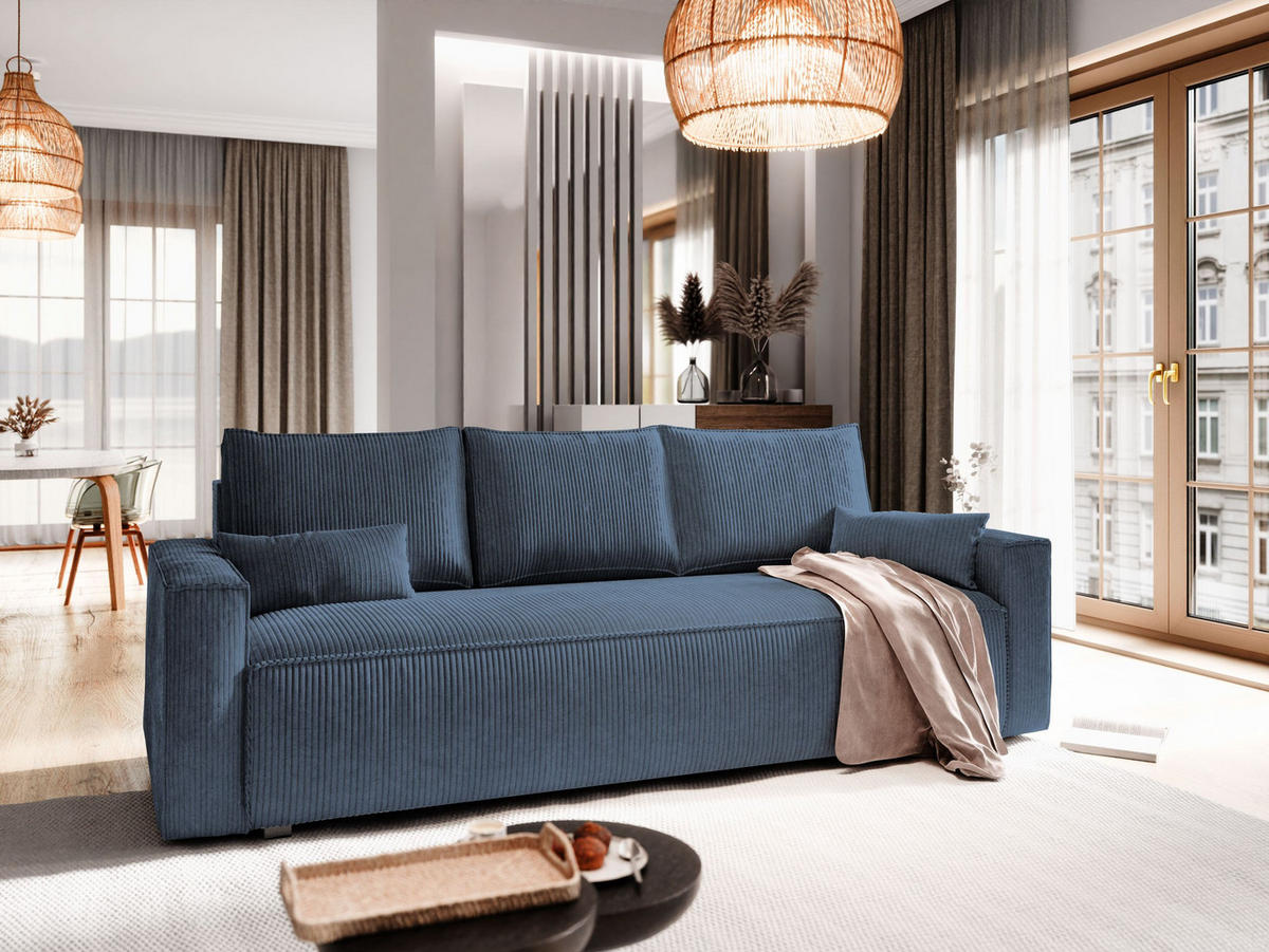 BETTSOFA MENI Blau Kordstoff mit Schlaffunktion - Blau, Textil (232/83/87cm) - MASSENO