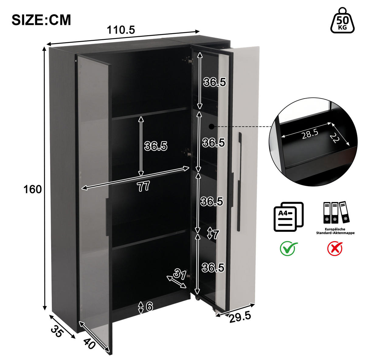 VITRINE 110,5/35/160 cm in Schwarz/Weiß mit LED-Beleuchtung und Seitenauszug - Schwarz, Holzwerkstoff (110.5/160/35cm) - Flora Grace