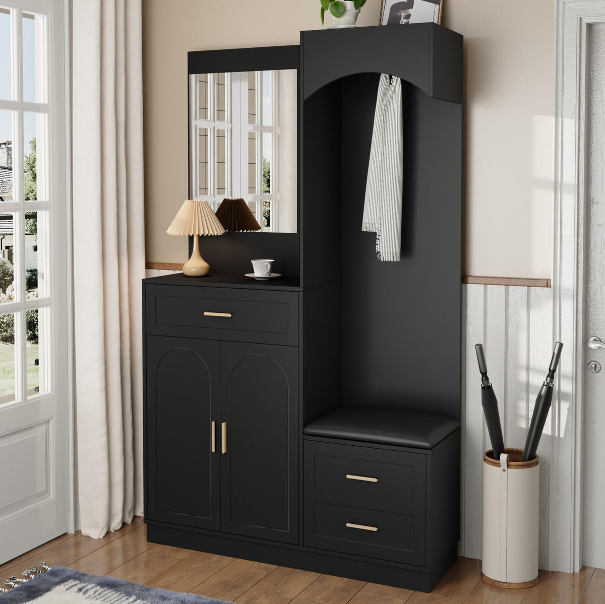 GARDEROBE 110/185,5/33 cm Schwarz aus MDF und Spanplatte mit Spiegel - Schwarz, Holzwerkstoff (33/185.5/110cm) - OKMYHOME