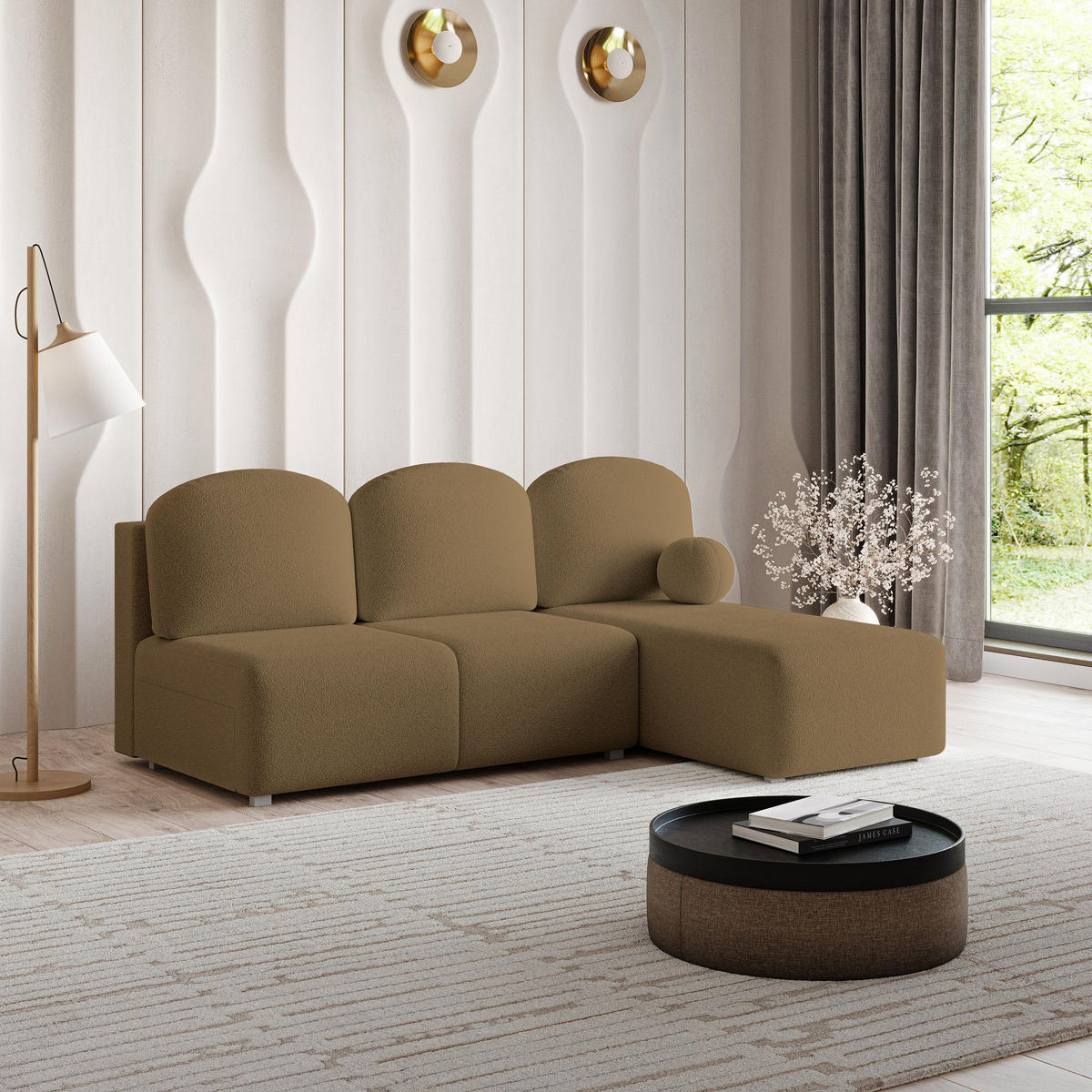 ECKSOFA TRAMA Orange Boucle-Stoff mit Schlaffunktion - Orange, Holz (200/143cm) - MASSENO