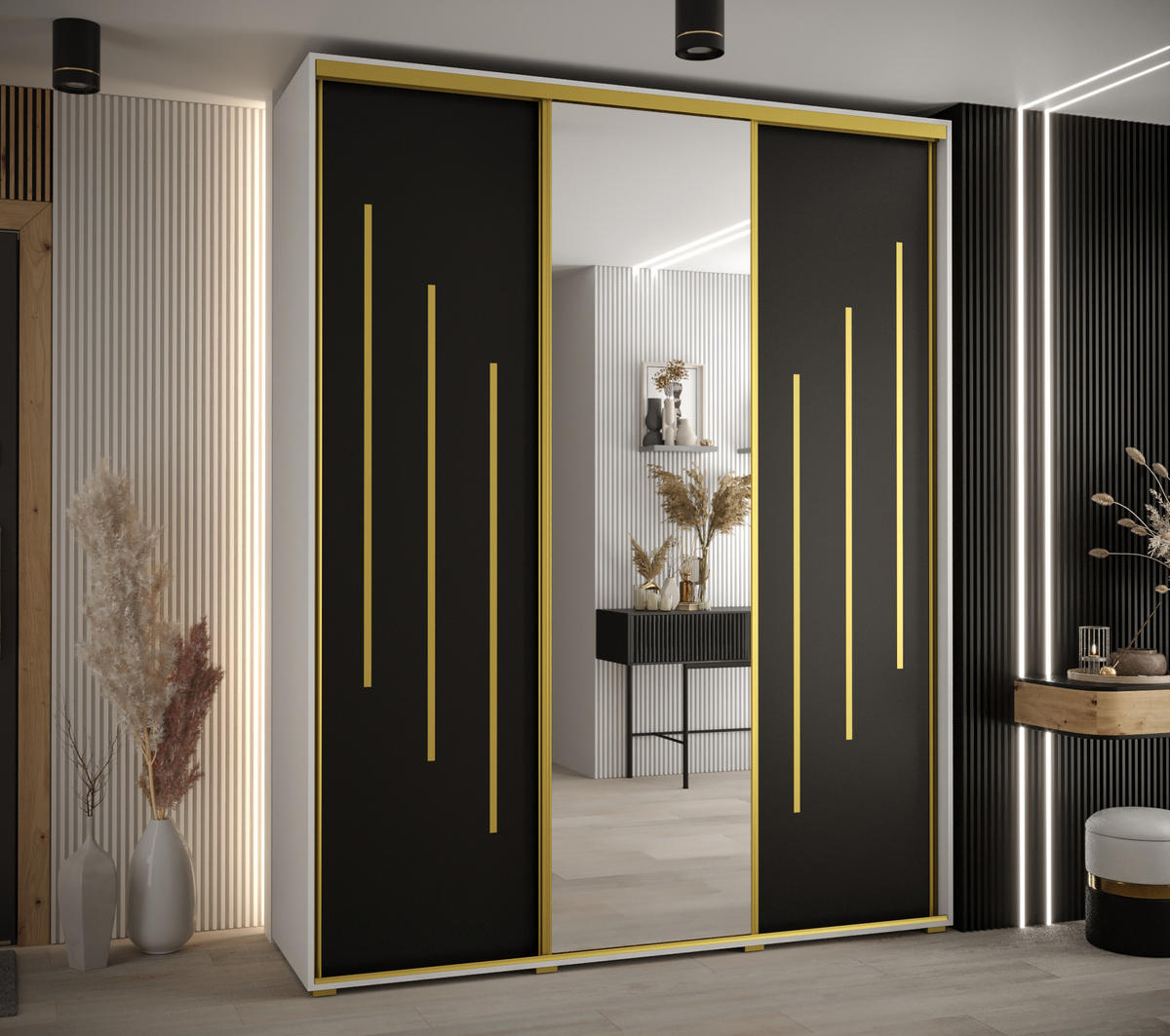 SCHWEBETÜRENSCHRANK 235,2/190/60 3-türig - Goldfarben/Schwarz, Holz/Metall (190/235/60cm) - Abiks Möbel