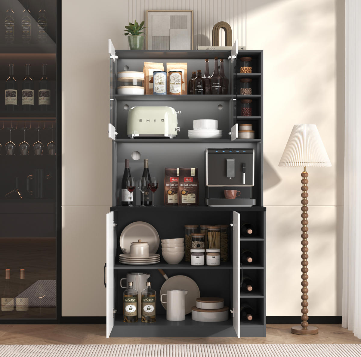 BUFFETSCHRANK 100/47/187 cm mit LED-Beleuchtung, Glaseinsatz und Kabelführung, Grau/Weiß - Weiß, Holzwerkstoff (100/187/47cm) - Redom