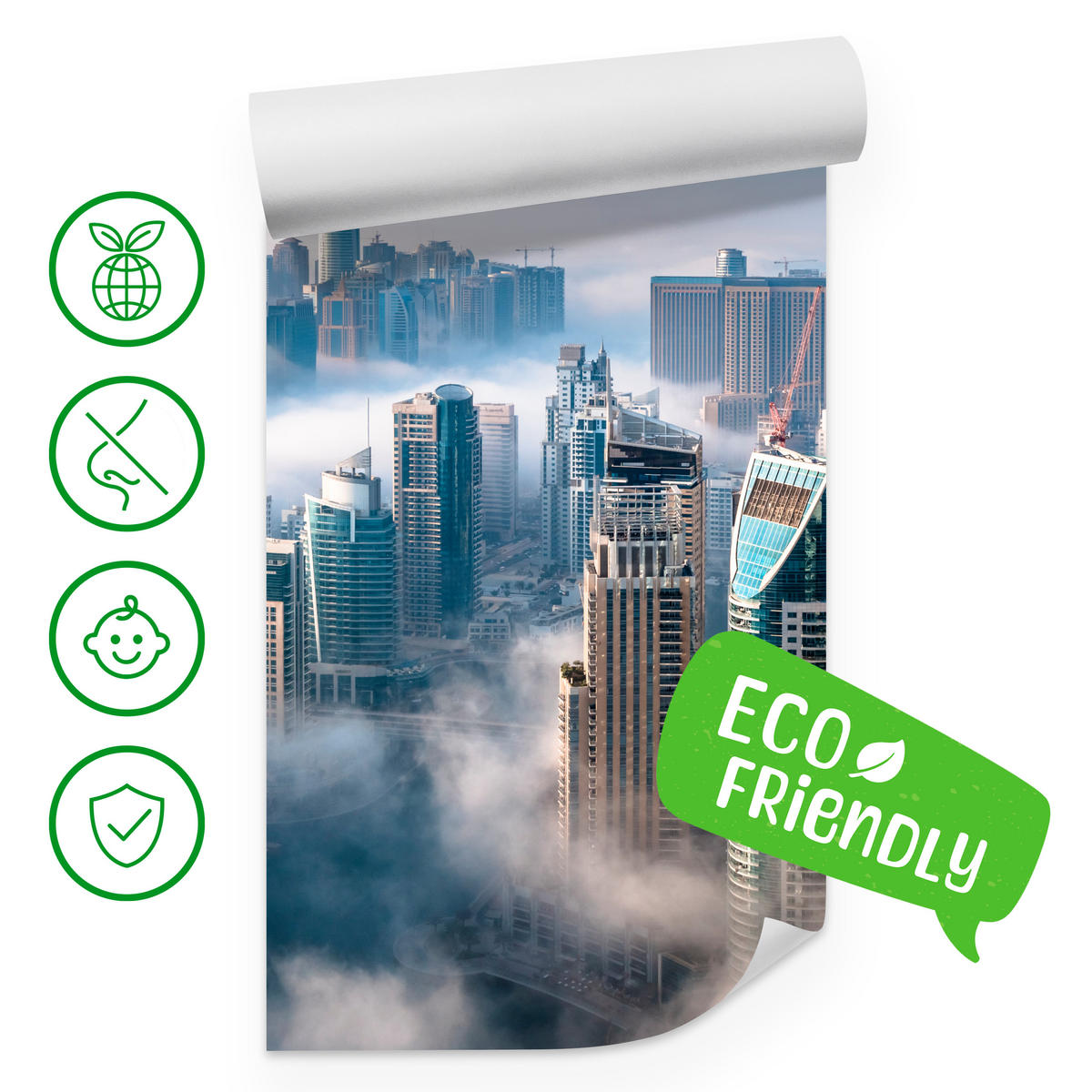 FOTOTAPETE für Büro Dubai Nebel Wolkenkratzer Skyline Panorama 500x350 - Blau/Beige, Papier (500/350cm) - Muralo