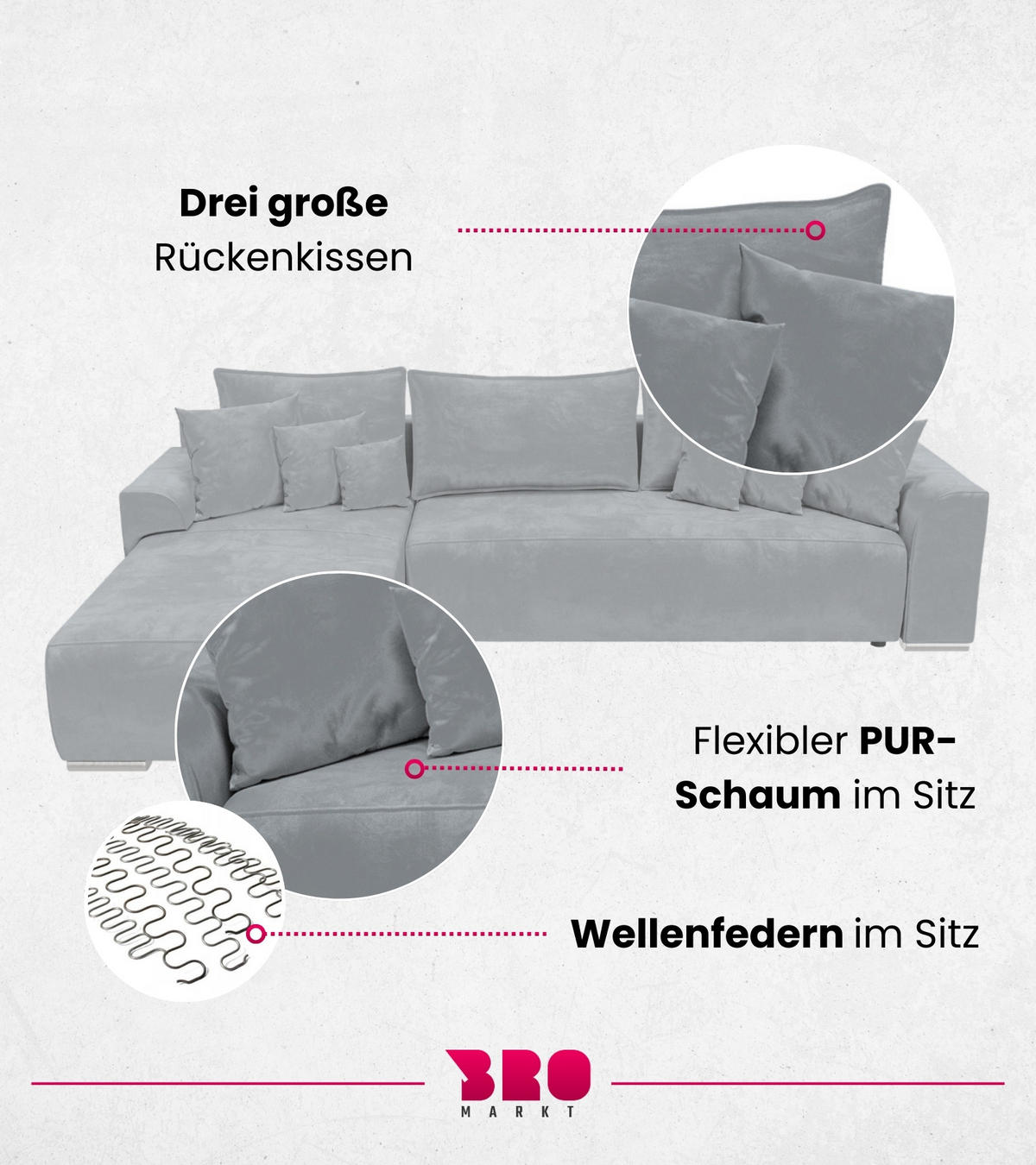 ECKSOFA Sydney mit Schlaffunktion Grau Plüsch - Hellgrau, Textil (280/184cm) - Bromarkt