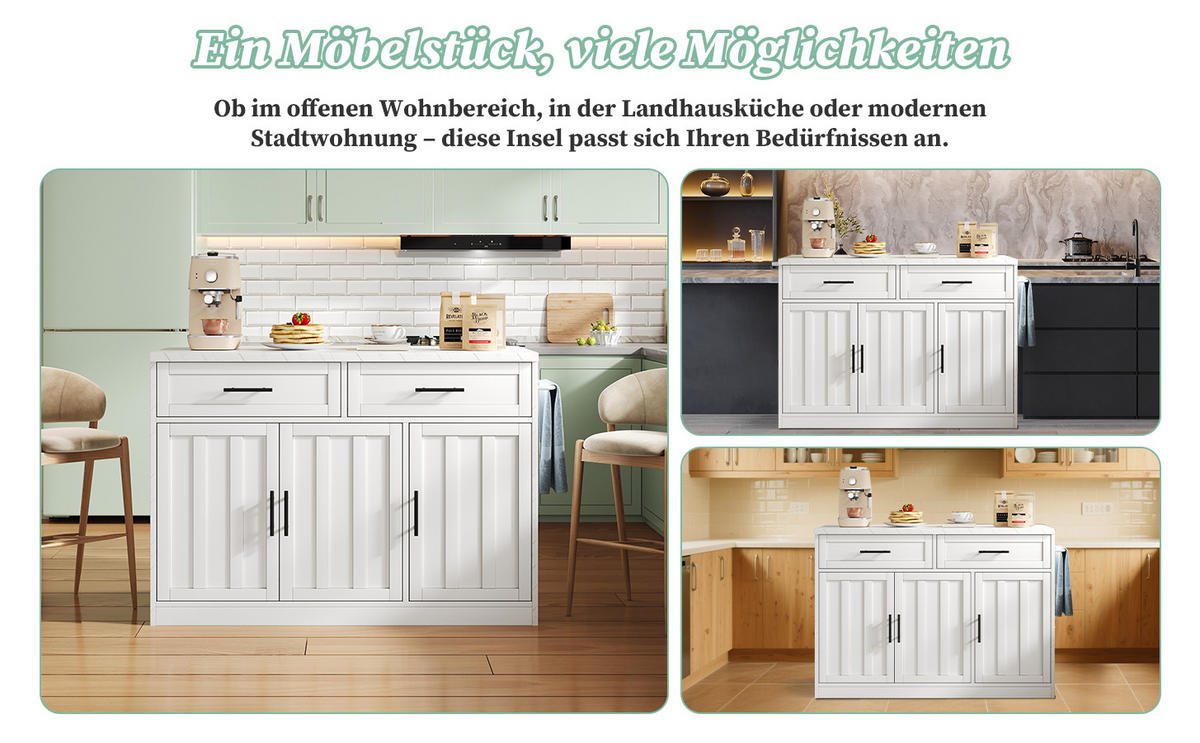 KÜCHENINSEL 120x60x91 cm mit Steckdosen, USB und Barbereich - Weiß, Holzwerkstoff (120/91/60cm)