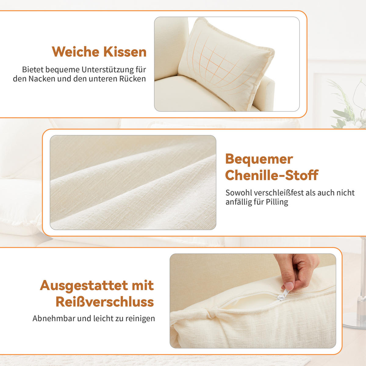 3-SITZER ECKSOFA Chenille Beige mit Kissen und Hocker - Beige, Holzwerkstoff/Kunststoff (283/147cm) - WISHDOR