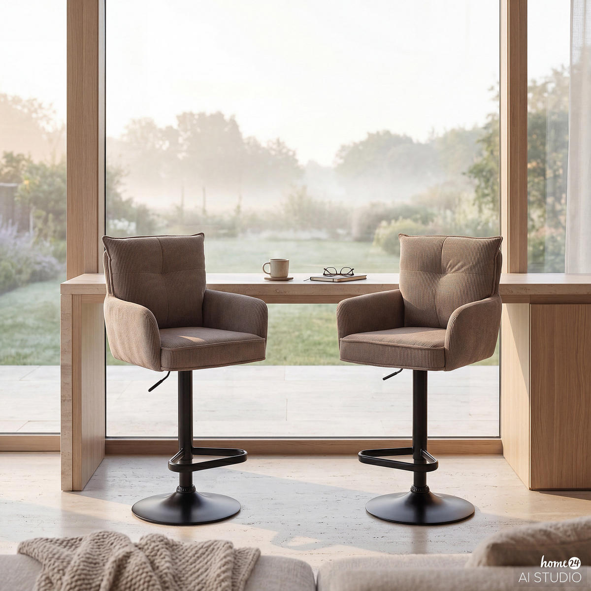 BARSTUHL - 2er-Set - Höhenverstellbar - Cord / Eisen - Braun, Textil/Metall (54/98/58cm) - home24