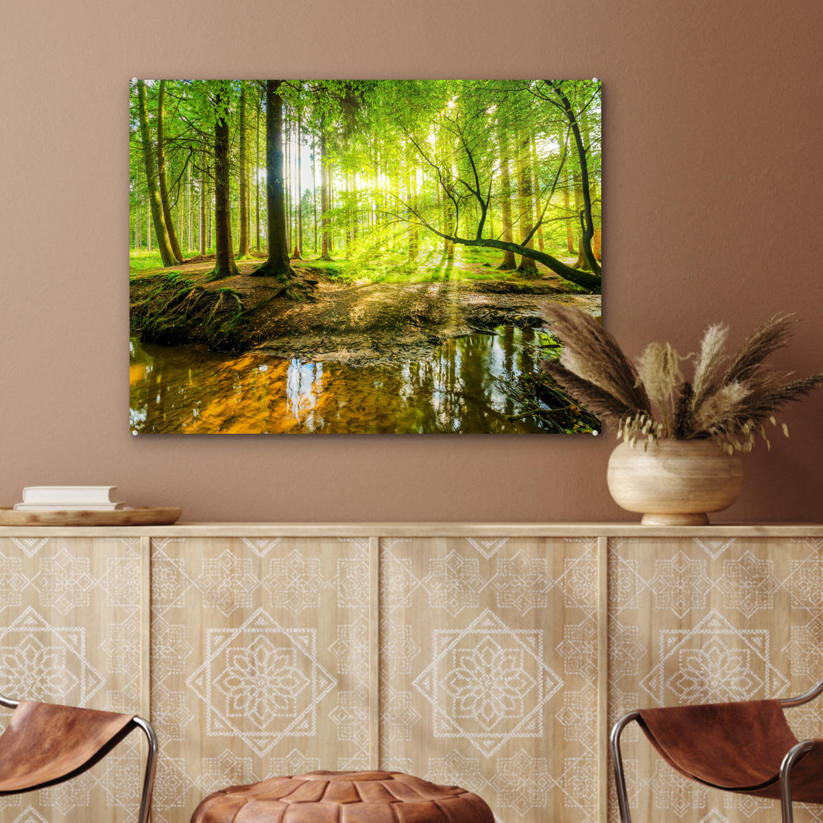ACRYLGLASBILD Wald - Landschaft - Wasser - Bäume - Sonne - Grün - Natur 80x60 cm - Grün, Glas (80/60cm) - MuchoWow
