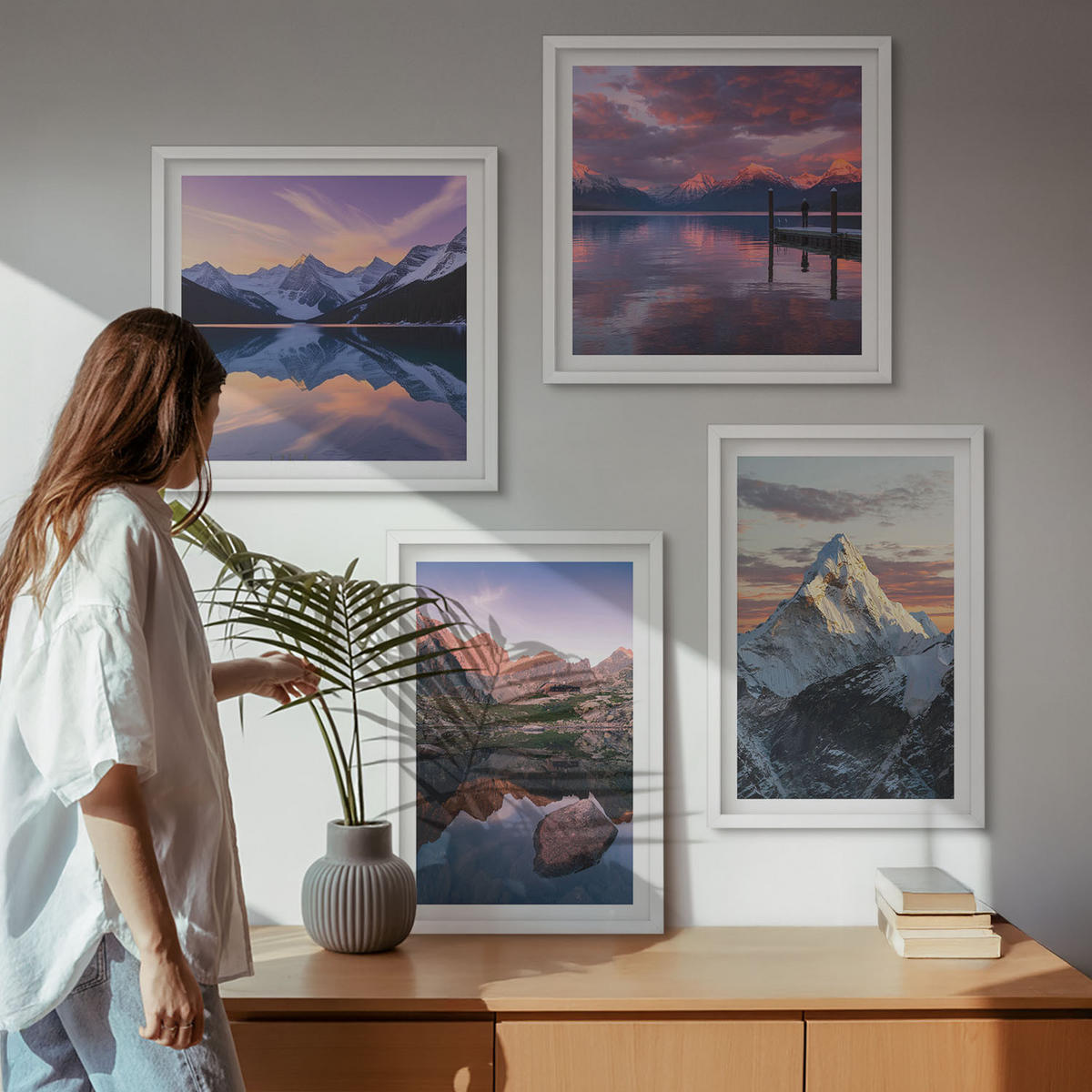 BILDER SET 4er Set - 50x50 cm & 40x60 cm Weißer Rahmen - Berglandschaften im Hintergrund - Weiß, Kunststoff (50/50cm) - TULUP